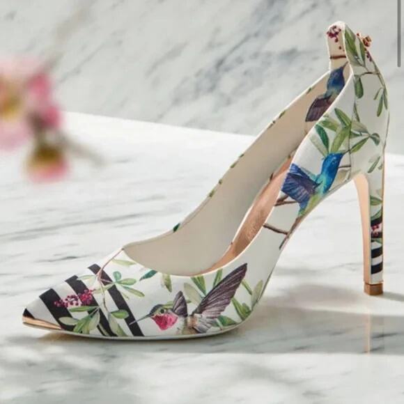 Ted Baker Shoes - Ted Baker White Floral Hummingbird Pointed-Toe Heels